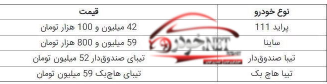 قیمت جدید محصولات سایپا